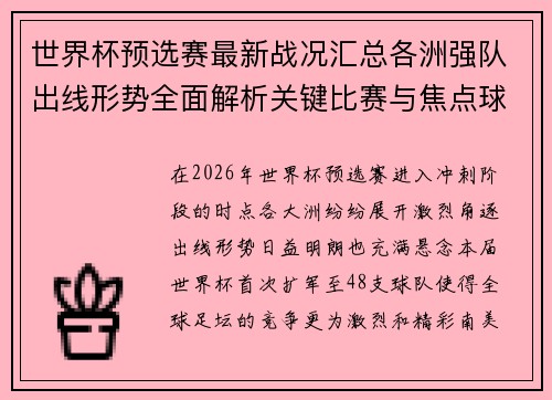 世界杯预选赛最新战况汇总各洲强队出线形势全面解析关键比赛与焦点球星表现 世界杯预选赛最新战况汇总各洲强队出线形势全面解析关键比赛与焦点球星表现